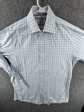 Thomas Pink 15.5 Super Slim Men Long Sleeve Button Up Shirt Cotton Blue Check
